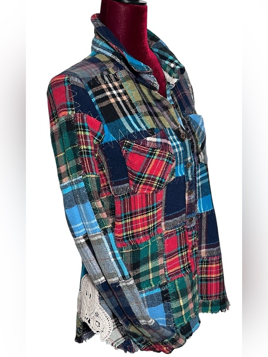 Free People Tops - We The Free Flannel Patchwork Shirt XS Lost in Plaid Crochet Grunge Boho Frayed